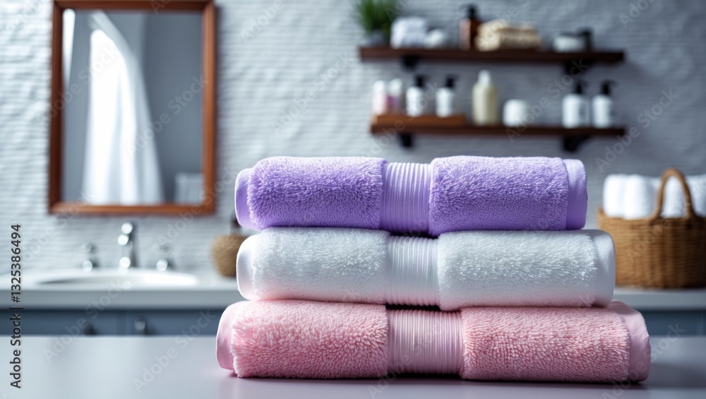 Poster stack of fresh towels neatly arranged on a table, close-up view. space available for text.