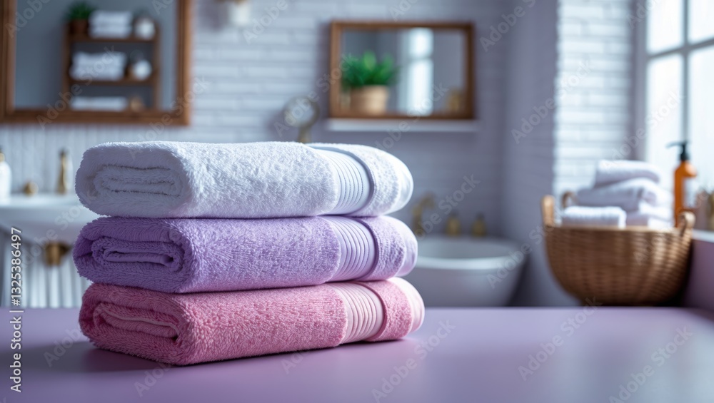 Poster stack of clean towels on a surface, closeup. space available for text.