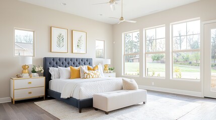 A luxurious and well appointed bedroom showcasing a plush tufted king size bed with elegant decor and ample natural light