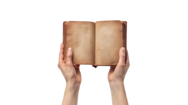 Two hands holding open antique book with transparent background - Powered by Adobe
