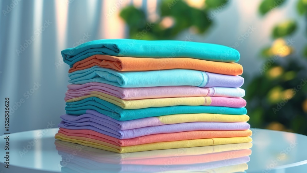 Poster stack of colorful cotton clothes on a white table with empty space for copying.