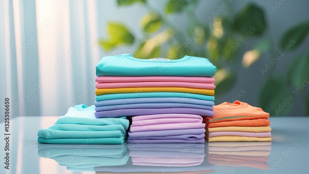 Poster stack of colorful cotton clothes on a white table with empty space for text.