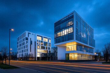 Modern architecture at twilight with blurred car lights creating urban motion trails