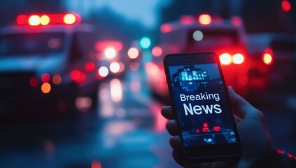 Obraz premium Smartphone Displays Breaking News Alerts Amid City Night Traffic