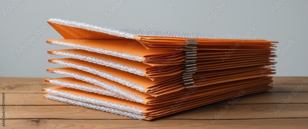 Poster stack of bubble wrap padded mailing envelopes on white background over wooden table. concept of shoc
