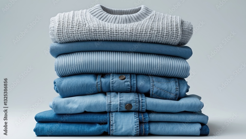 Poster stack of jeans and sweaters on a background with isolation.