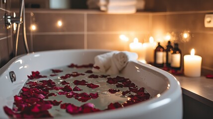 Indulge in a serene escape, where tranquility intertwines with the essence of romance Immerse yourself in a haven of soft, diffused candlelight that dances upon the water's surface, scattering a