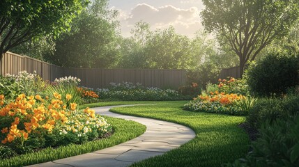 Idyllic garden landscape with stone pathway