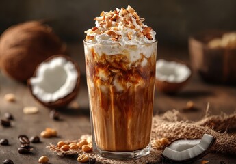 Creamy Coconut Coffee Beverage with Whipped Topping and Nuts in a Stylish Glass on a Rustic Wooden Table