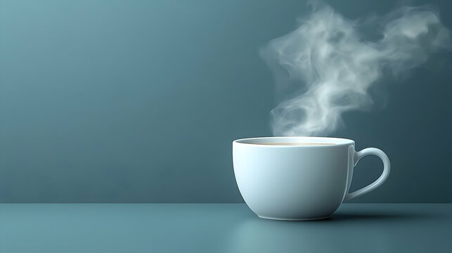 A steaming mug of coffee on a teal surface