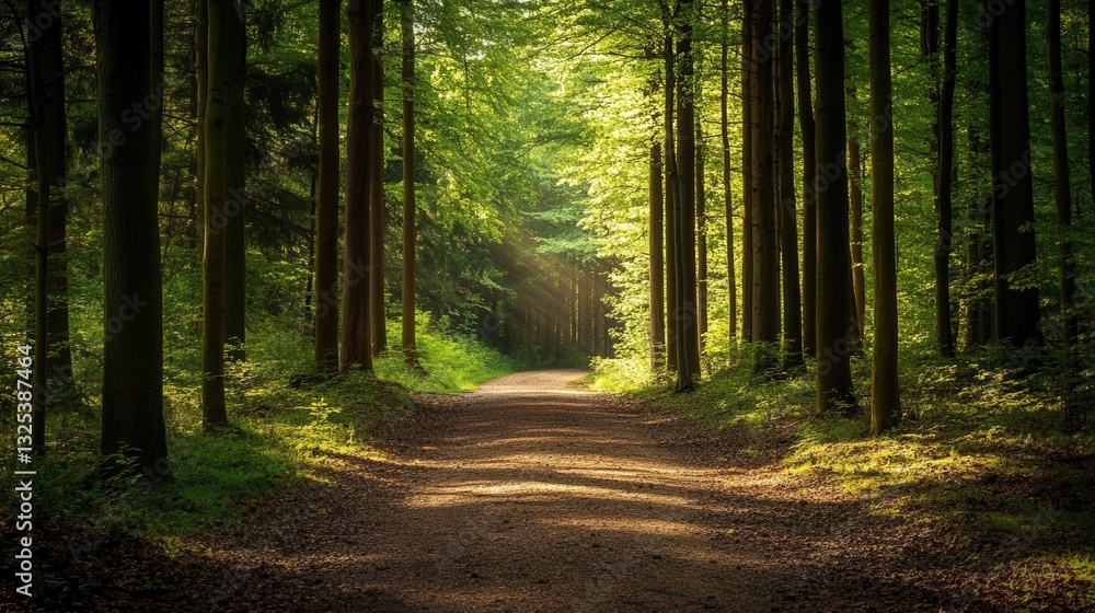 Aufkleber path through a sunlit forest leading into a tranquil natural setting filled with tall trees and vibr