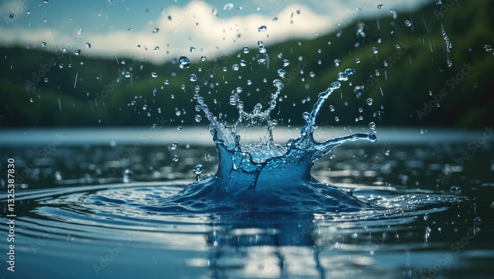 Poster raindrops creating a splash on a tranquil lake surface.