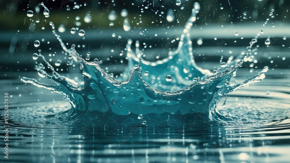 Poster raindrops creating a splash on the smooth surface of a lake.