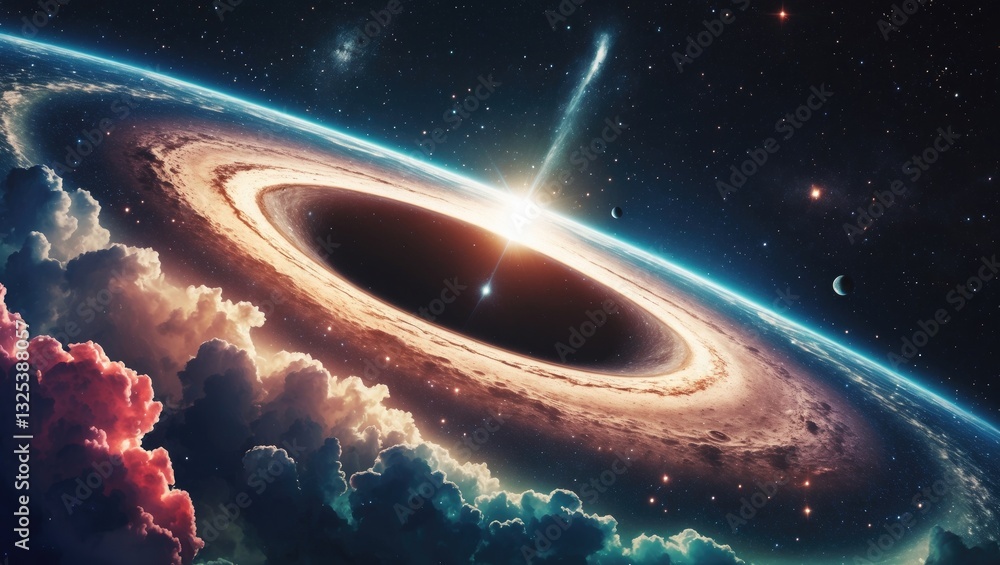 Wall mural speculative science: a galaxy is being drawn near by a black hole in space.