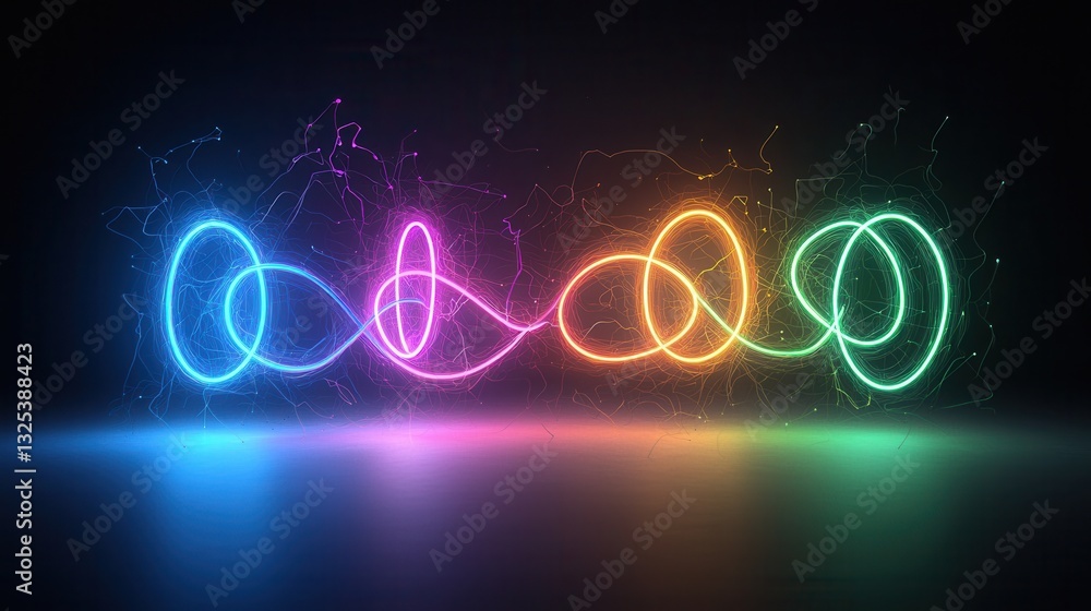 Poster a visually striking abstract composition featuring dynamic glowing neon like lines and curves in a v
