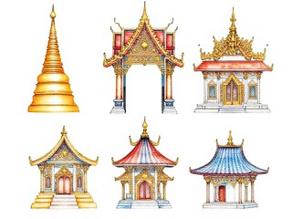 Fototapeta premium Thai Temple Architecture Pagodas Gates Shrines Watercolor Illustrations