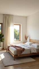 Fototapeta premium Bright minimalist bedroom, natural light floods serene space, spacious, style
