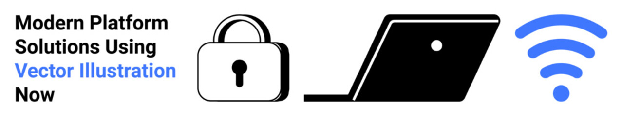 Laptop, padlock, and wireless signal elements convey cybersecurity, online safety, remote work, data protection. Ideal for technology, internet security, mobile connectivity privacy communication