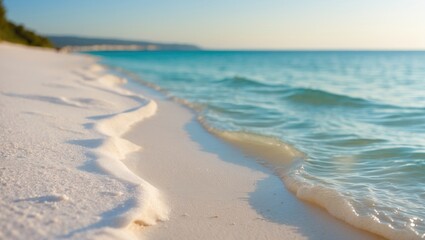 Solitary beach with white sand and azure water. Coastal view of the ocean.