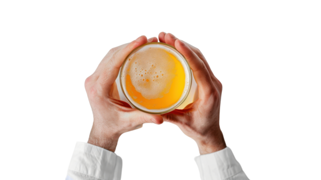 Businessman holding pint of beer with transparent background