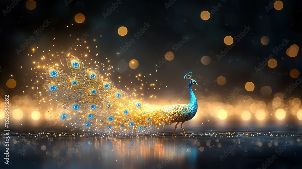 Poster a captivating digital depicting a peacock in a dreamlike ethereal setting with its vibrant iridescen