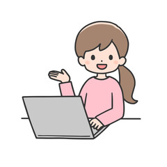 パソコンの前で案内する女性