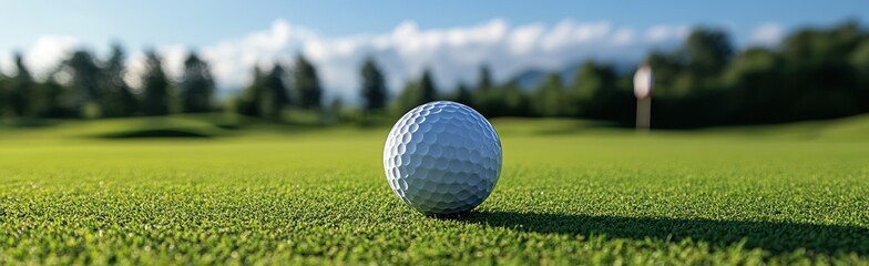 Golf ball resting on lush green fairway, scenic golf course backdrop