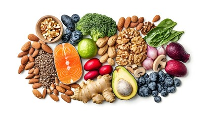 Set with different brain food on white