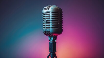 Let's begin singing now! A beautiful vintage microphone positioned against a vibrant gradient.