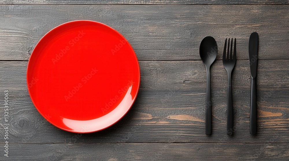 Aufkleber a minimalist yet dining table setup featuring a vibrant red glossy plate placed alongside a simple a
