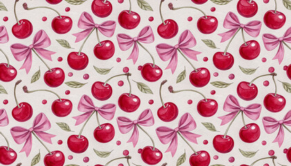 hand drawn watercolor style of red cherries with pink bows seamless pattern background modern design