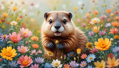 watercolor painting of cute beaver in a colorful flower field ideal for art print greeting card springtime concepts etc made with generative ai