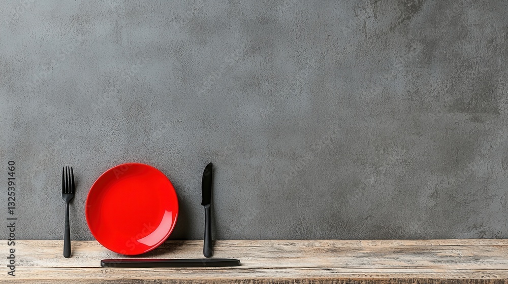 Poster a minimalist and elegant dining table setting featuring a vibrant red plate black cutlery and a neut