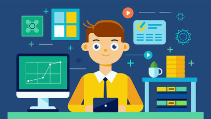 Fototapeta premium In the computer lab a student proudly displays their program which uses algorithms to generate instant solutions to challenging calculus problems.. Vector illustration