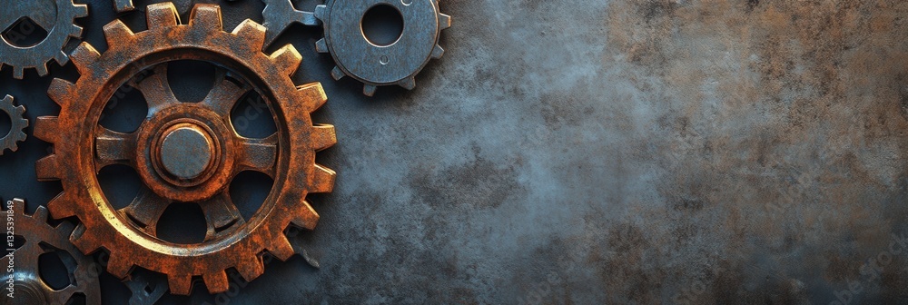 Poster industrial background featuring gears in gray and rust tones with a robust mechanical style and meta