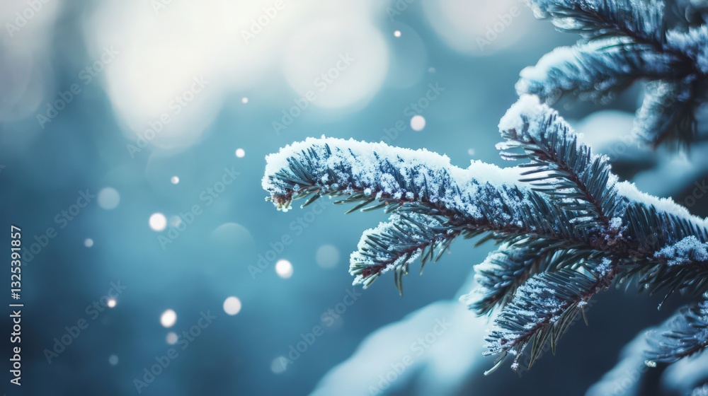 Poster serene winter scene: pine branches dusted with snow and a sparkling bokeh