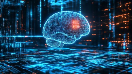 Obraz premium A digital representation of a brain composed of glowing circuits and data streams, symbolizing artificial intelligence and technology.