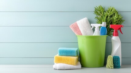 A collection of household cleaning tools and products including towels sponges brushes and spray bottles neatly arranged in a vibrant green bucket against a minimalist backdrop