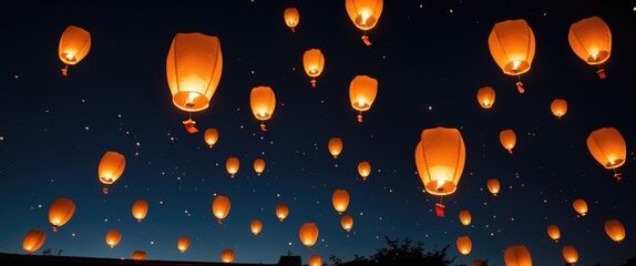 Floating lanterns in the night sky