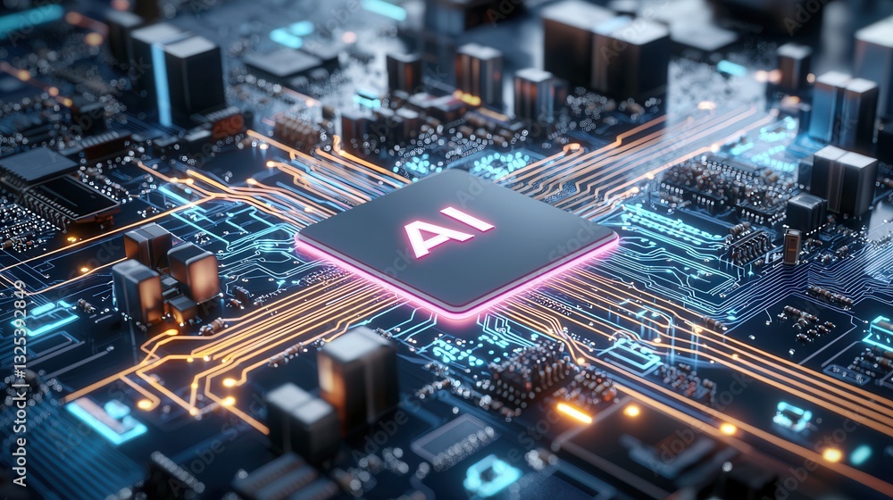 Poster a highly advanced neon illuminated processor embedded within a complex network of futuristic electro