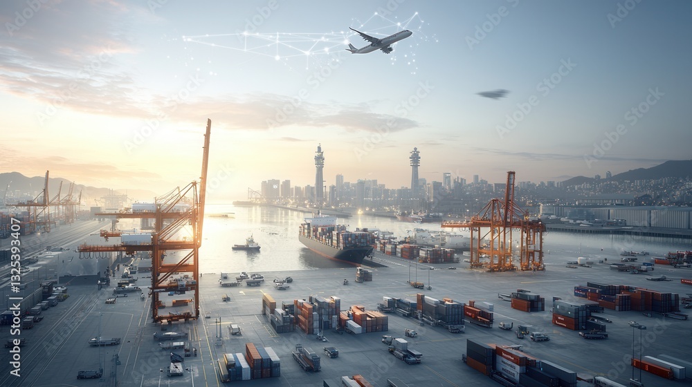 Aufkleber expansive view of a modern technologically advanced logistics terminal at dawn featuring rows of car
