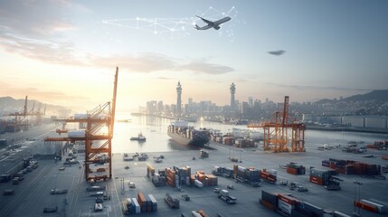 Obraz premium Expansive view of a modern technologically advanced logistics terminal at dawn featuring rows of cargo containers cranes and ships transporting goods across the bustling harbor