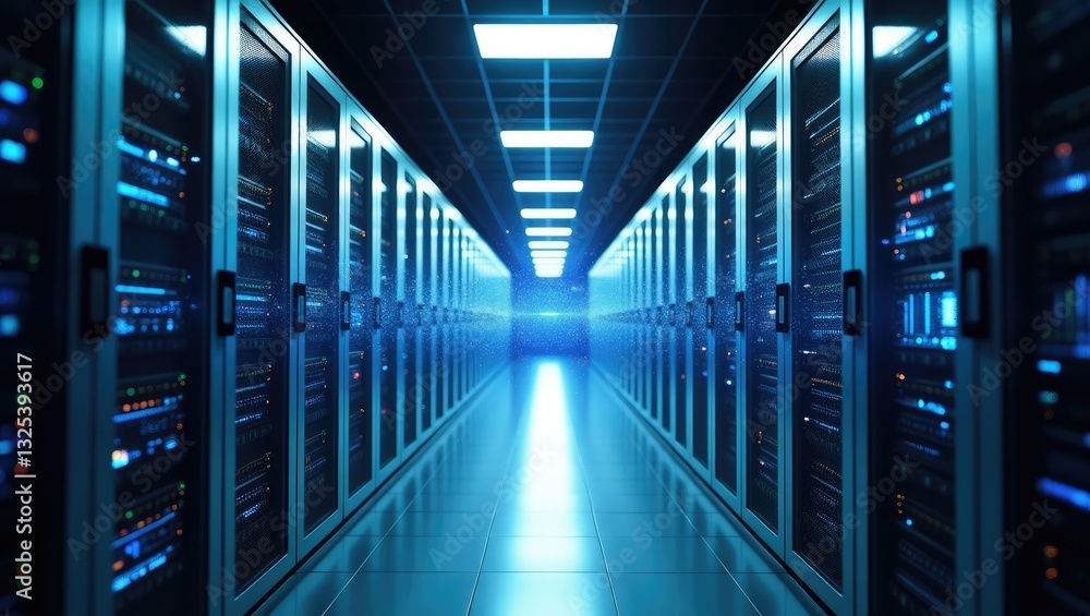 Poster image of corridor in functional data center filled with rack servers and supercomputers featuring hi