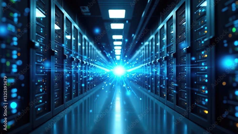 Poster shot of corridor in operational data center filled with rack servers and supercomputers featuring hi