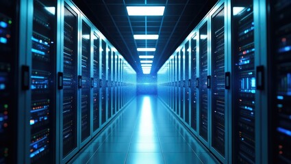 Image of Corridor in Functional Data Center Filled with Rack Servers and Supercomputers Featuring High Internet Visualization Projection.