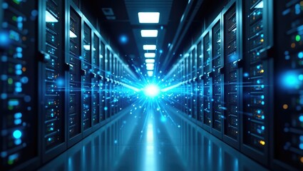 Shot of Corridor in Operational Data Center Filled with Rack Servers and Supercomputers Featuring High-Speed Internet Visualization Projection.