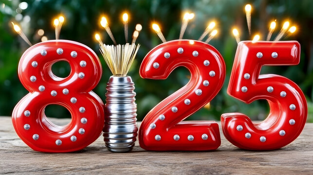 Red Number Candles Celebrating 825 with Sparkles