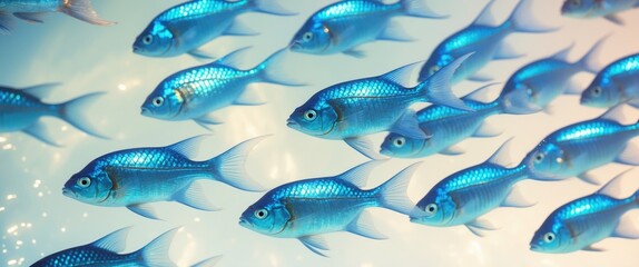 School of blue tropical striped fish in the ocean set against a white background. Group of tropical blue fish, cut out.