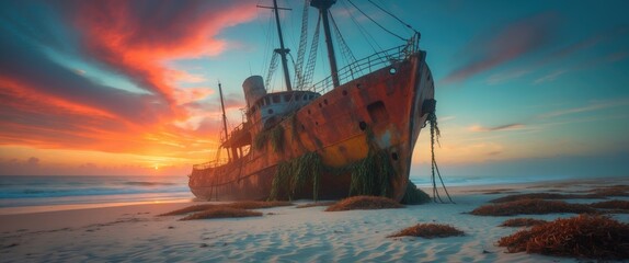 Obraz premium Shipwreck on beach with stunning sunset and twilight sky