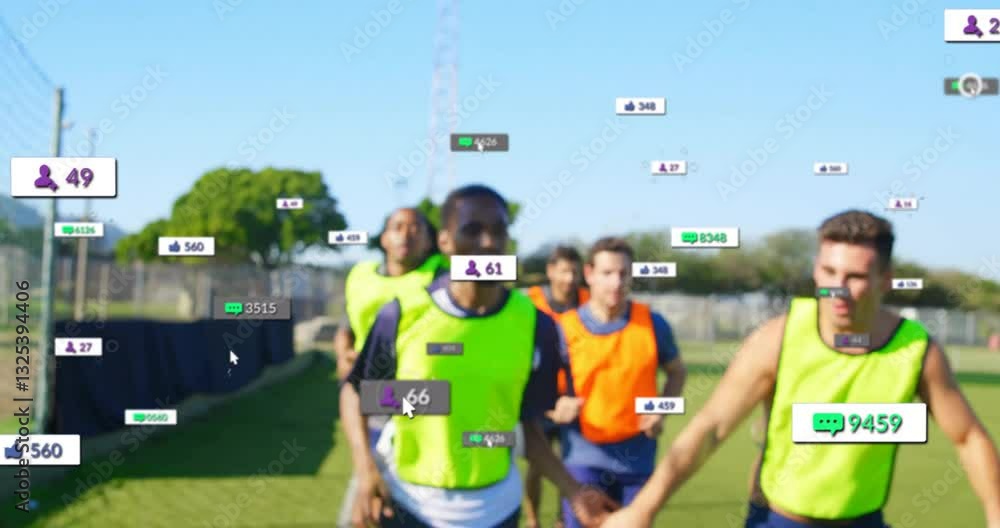 Poster running on field, athletes with animation of digital data and statistics overlay